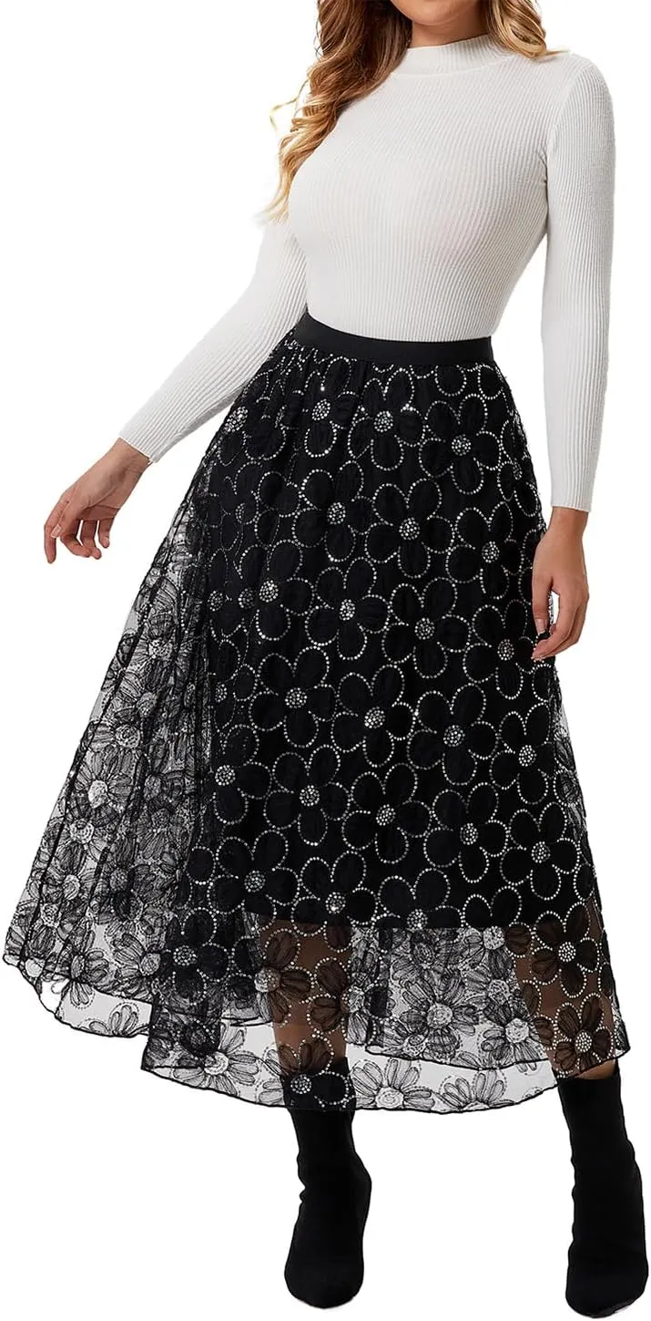 Women's Long Skirt Tulle Lace Tutu Sequin Floral Double-Layered Mesh Elastic High Waist Maxi Party
