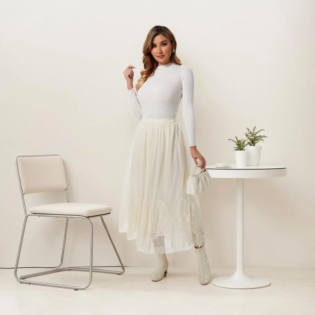 Women's Long Skirt Tulle Lace Tutu Sequin Floral Double-Layered Mesh Elastic High Waist Maxi Party