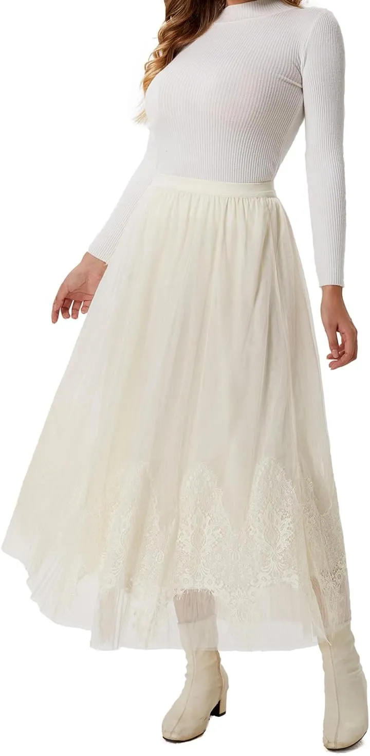 Women's Long Skirt Tulle Lace Tutu Sequin Floral Double-Layered Mesh Elastic High Waist Maxi Party
