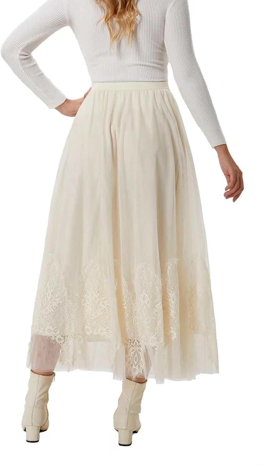 Women's Long Skirt Tulle Lace Tutu Sequin Floral Double-Layered Mesh Elastic High Waist Maxi Party