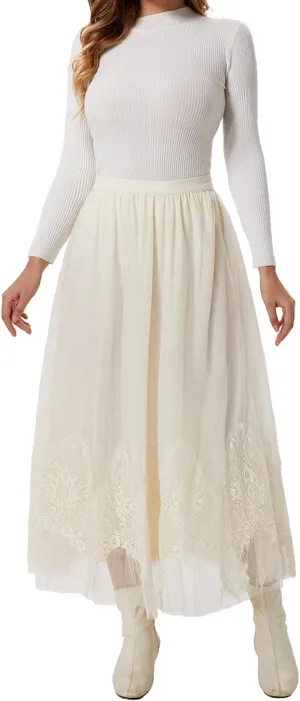 Women's Long Skirt Tulle Lace Tutu Sequin Floral Double-Layered Mesh Elastic High Waist Maxi Party