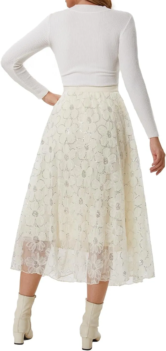 Women's Long Skirt Tulle Lace Tutu Sequin Floral Double-Layered Mesh Elastic High Waist Maxi Party