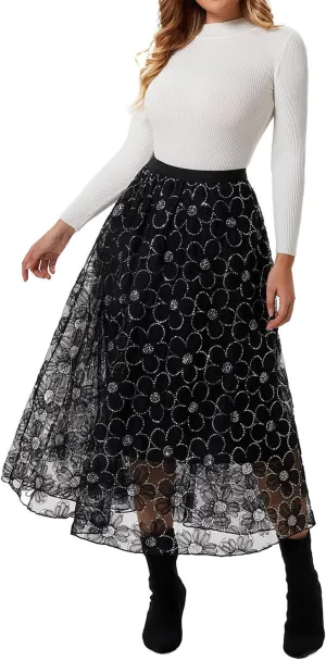Women's Long Skirt Tulle Lace Tutu Sequin Floral Double-Layered Mesh Elastic High Waist Maxi Party