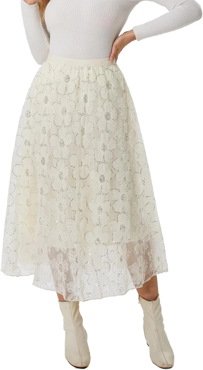 Women's Long Skirt Tulle Lace Tutu Sequin Floral Double-Layered Mesh Elastic High Waist Maxi Party