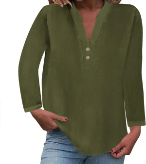 Womens Long Sleeve Tops V Neck Half Button Front Shirts Solid Loose Fit Casual Dressy Work Tunic Womens Summer Tops