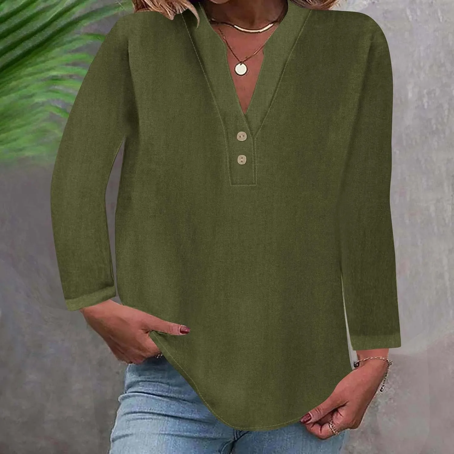 Womens Long Sleeve Tops V Neck Half Button Front Shirts Solid Loose Fit Casual Dressy Work Tunic Womens Summer Tops