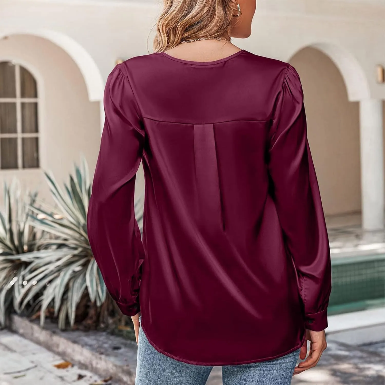 Women's New Satin Pleated V-neck Casual Loose Fitting Long Sleeved Shirt Tops,2024 Fall&Winter Womens Trendy Tops