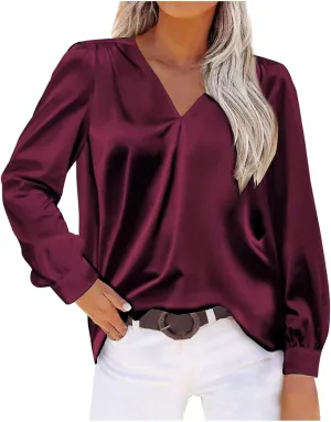 Women's New Satin Pleated V-neck Casual Loose Fitting Long Sleeved Shirt Tops,2024 Fall&Winter Womens Trendy Tops