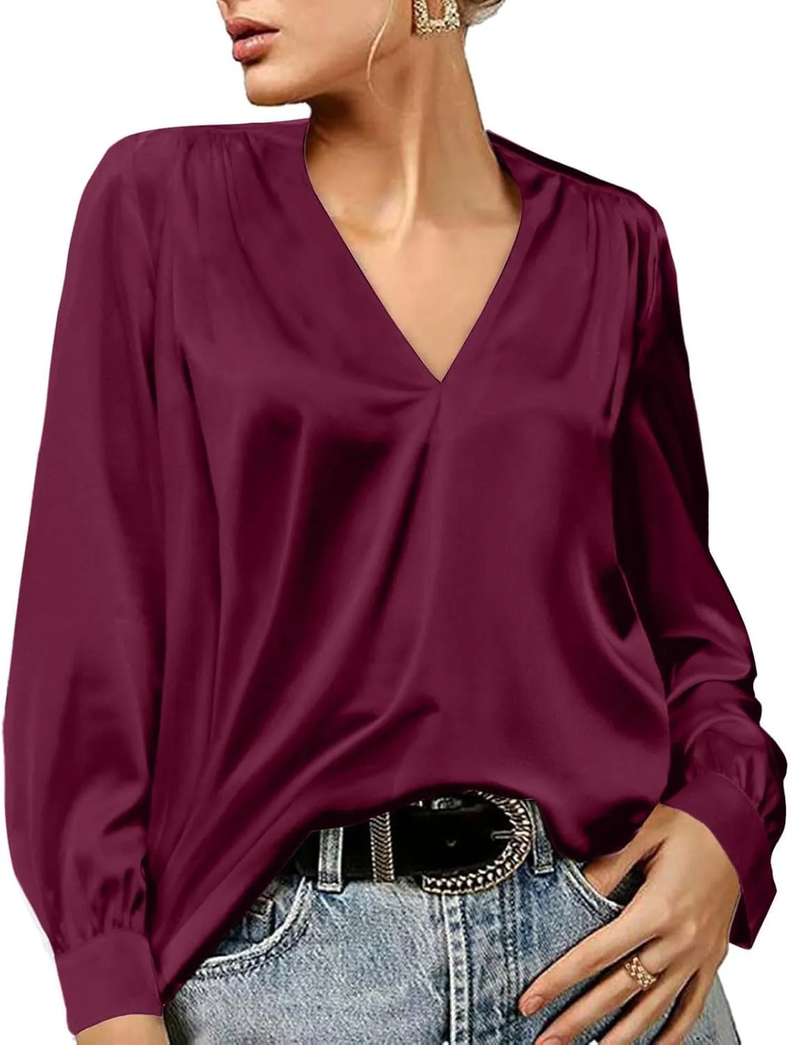 Women's New Satin Pleated V-neck Casual Loose Fitting Long Sleeved Shirt Tops,2024 Fall&Winter Womens Trendy Tops