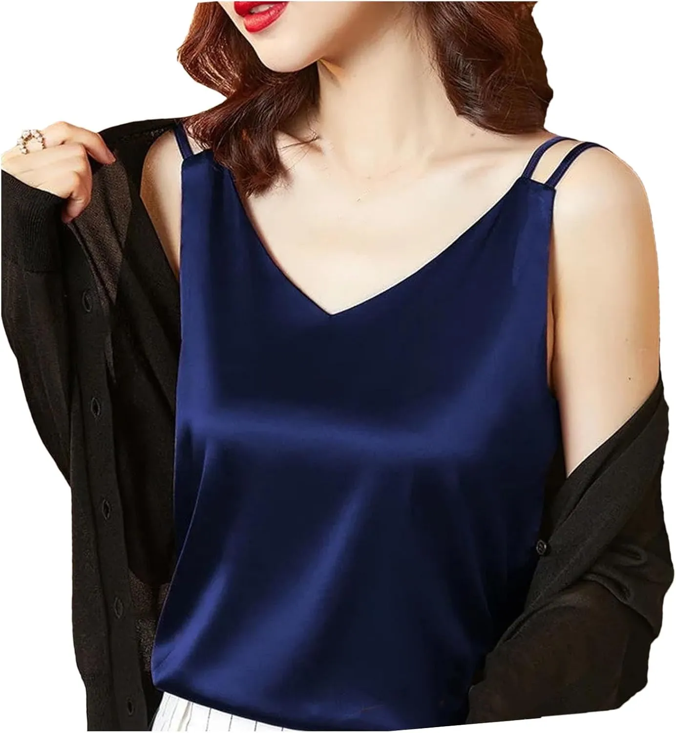 Women's Oversized Camisole Outside V-Neck With Sleeveless Vest Satin Bottom Tops