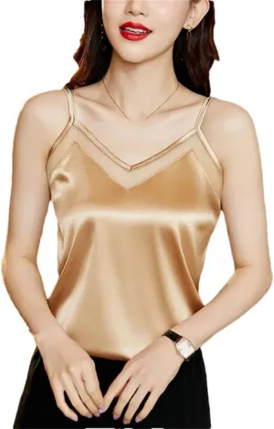 Women's Satin Top Cropped V-Neck Slim Silk Camisole Solid Color Backless Basic Female Sleeveless Tops