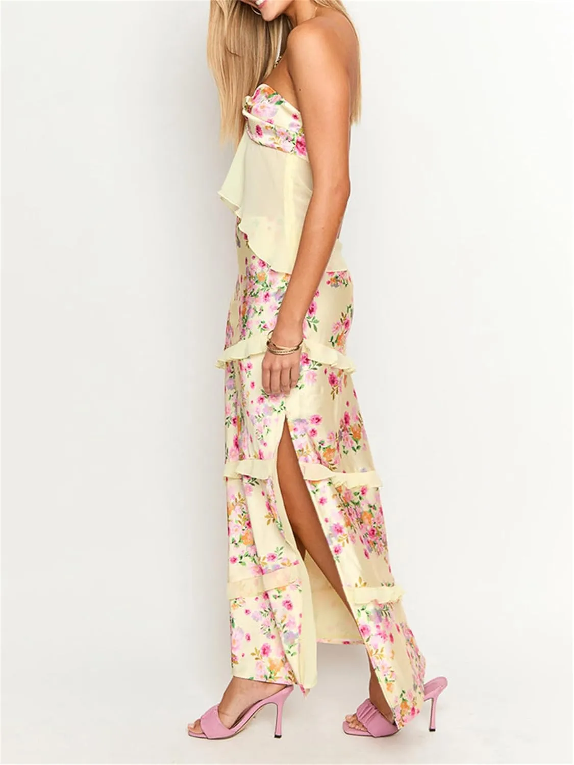 Women's Sexy 2 Piece Outfits Off Shoulder Split Front Tube Tops and Layered Ruffled Maxi Skirt Sets Streetwear