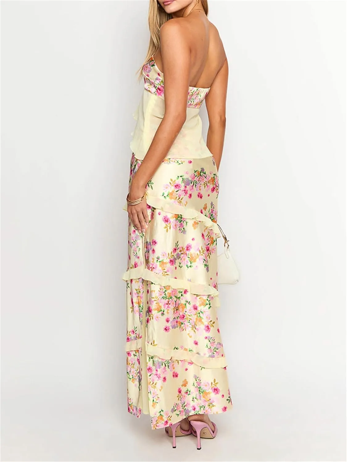 Women's Sexy 2 Piece Outfits Off Shoulder Split Front Tube Tops and Layered Ruffled Maxi Skirt Sets Streetwear