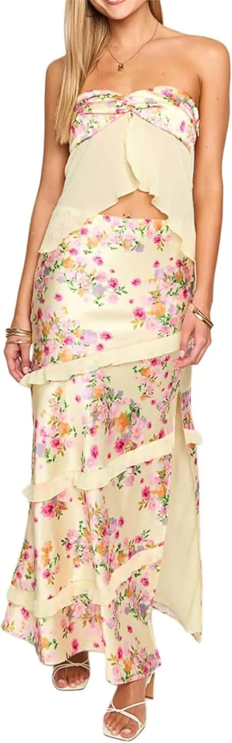 Women's Sexy 2 Piece Outfits Off Shoulder Split Front Tube Tops and Layered Ruffled Maxi Skirt Sets Streetwear