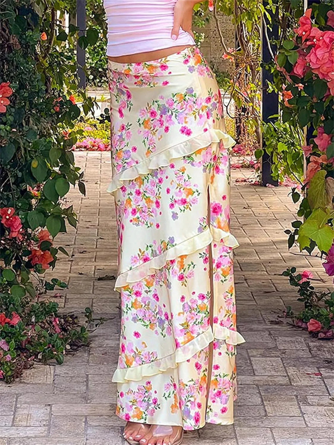 Women's Sexy 2 Piece Outfits Off Shoulder Split Front Tube Tops and Layered Ruffled Maxi Skirt Sets Streetwear