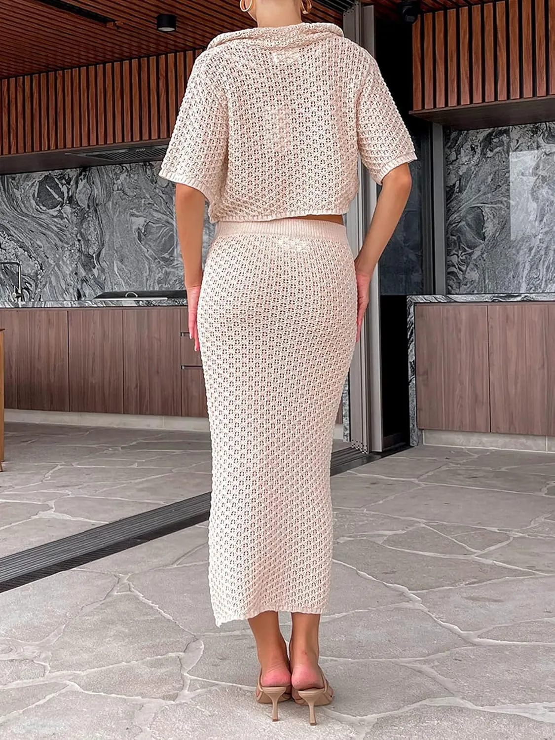 Women's Sexy Crochet Knit 2 Piece Skirt Sets Bodycon Maxi Dress Sleeveless Tank Shirt Tops High Waist Slit Long Dress