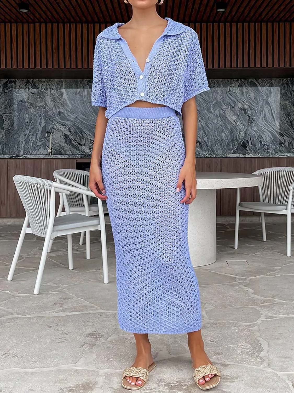 Women's Sexy Crochet Knit 2 Piece Skirt Sets Bodycon Maxi Dress Sleeveless Tank Shirt Tops High Waist Slit Long Dress