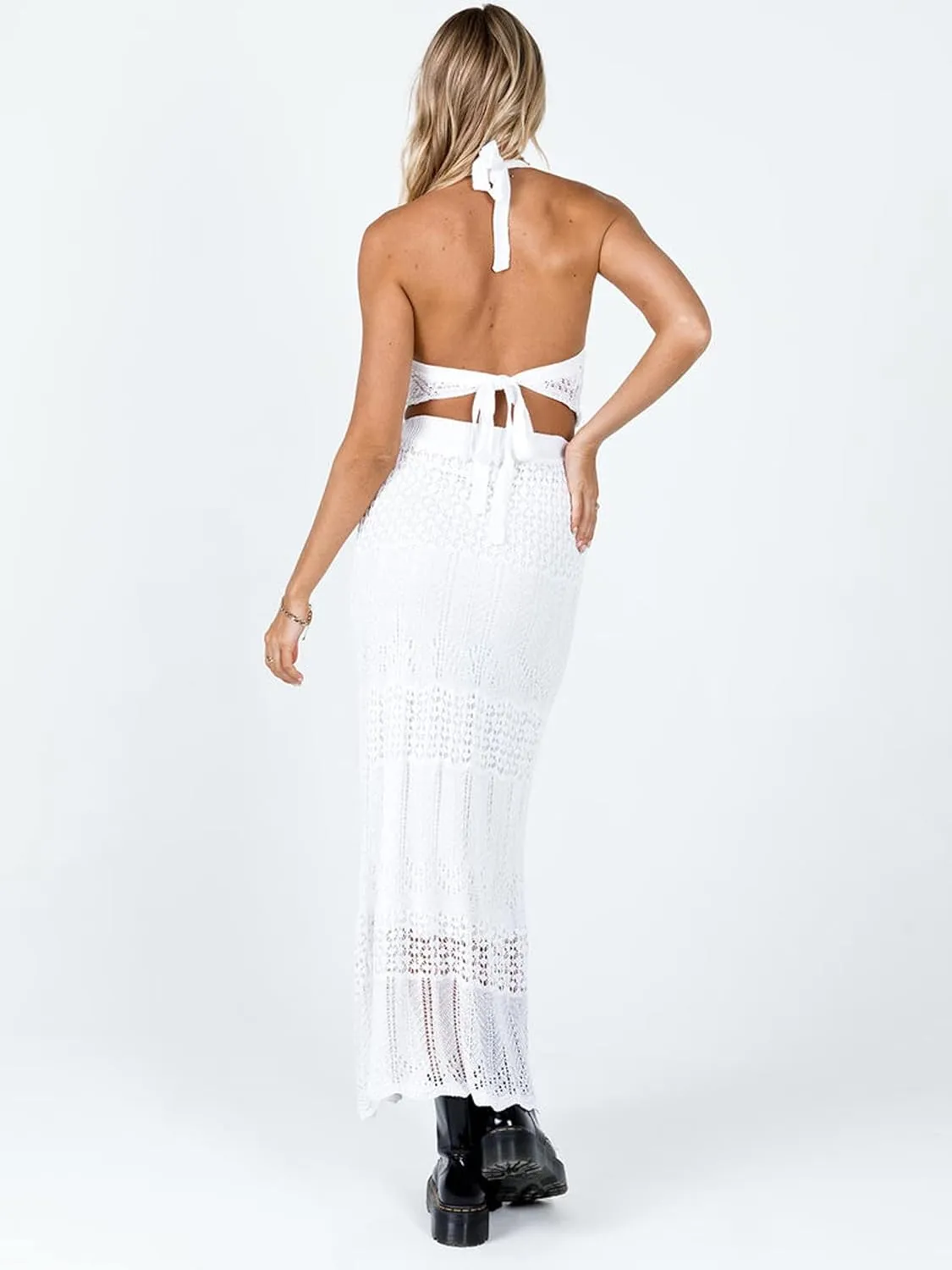 Women's Sexy Crochet Knit 2 Piece Skirt Sets Bodycon Maxi Dress Sleeveless Tank Shirt Tops High Waist Slit Long Dress