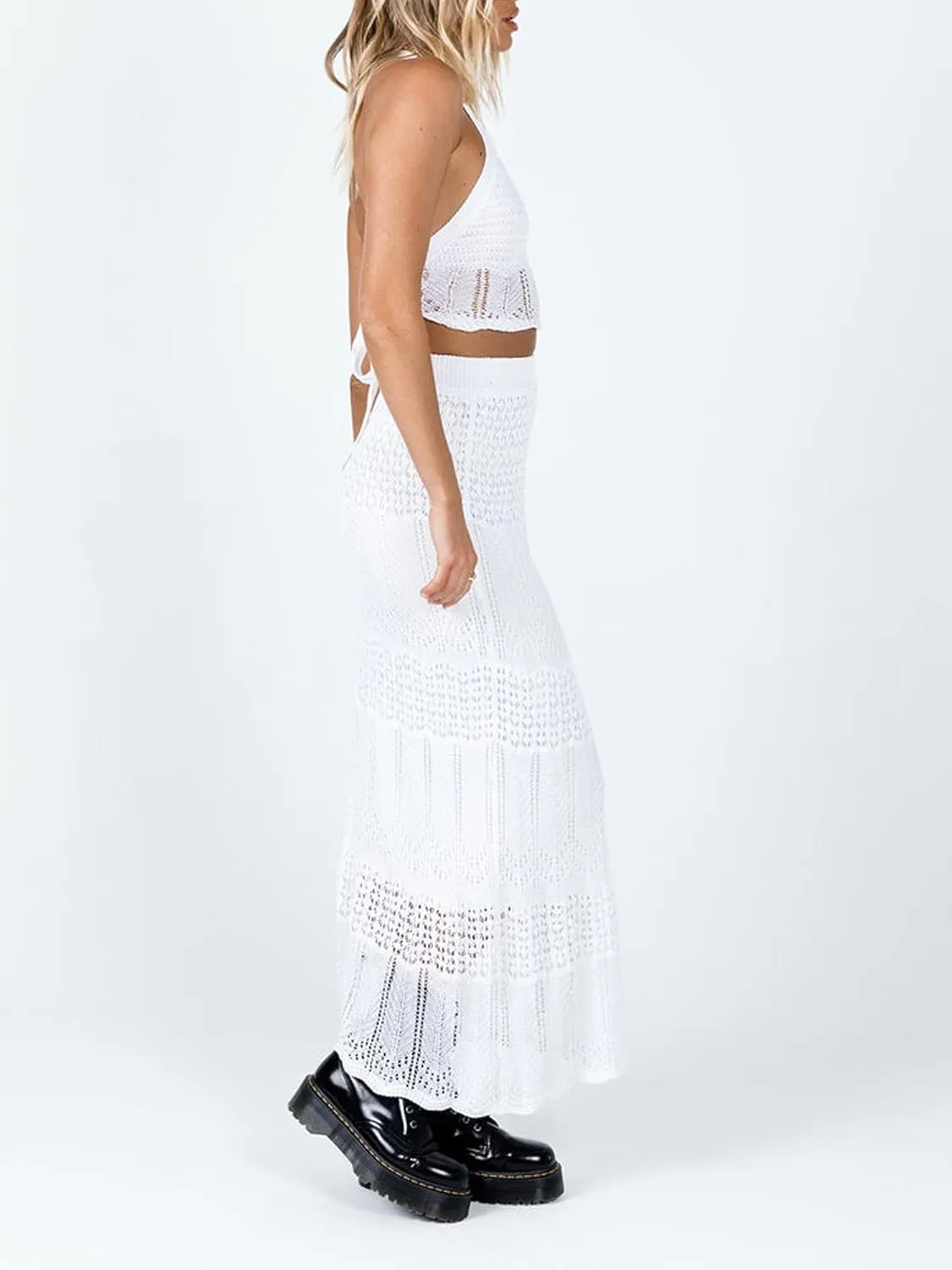 Women's Sexy Crochet Knit 2 Piece Skirt Sets Bodycon Maxi Dress Sleeveless Tank Shirt Tops High Waist Slit Long Dress