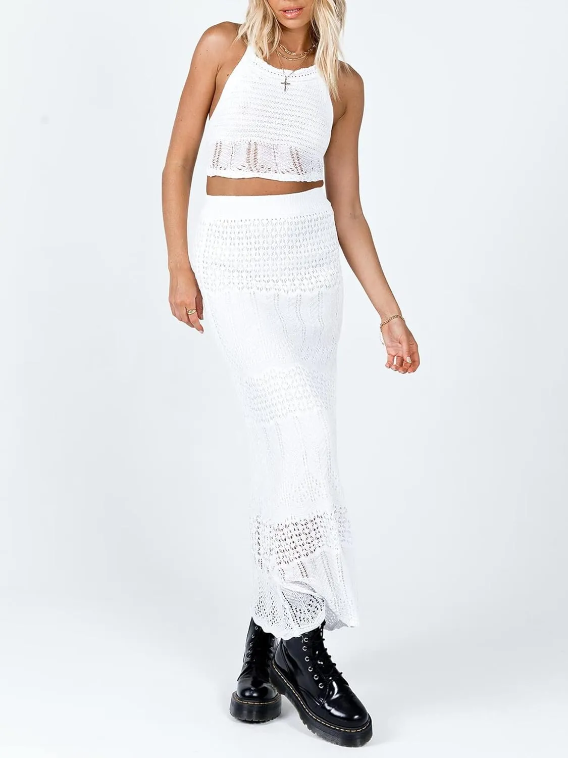Women's Sexy Crochet Knit 2 Piece Skirt Sets Bodycon Maxi Dress Sleeveless Tank Shirt Tops High Waist Slit Long Dress