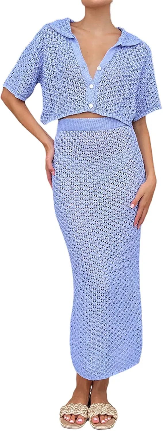 Women's Sexy Crochet Knit 2 Piece Skirt Sets Bodycon Maxi Dress Sleeveless Tank Shirt Tops High Waist Slit Long Dress