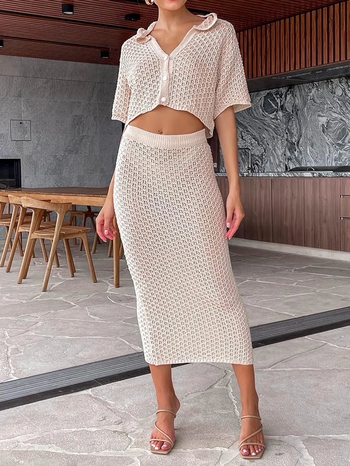Women's Sexy Crochet Knit 2 Piece Skirt Sets Bodycon Maxi Dress Sleeveless Tank Shirt Tops High Waist Slit Long Dress