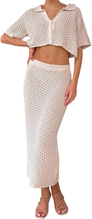 Women's Sexy Crochet Knit 2 Piece Skirt Sets Bodycon Maxi Dress Sleeveless Tank Shirt Tops High Waist Slit Long Dress