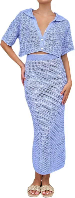 Women's Sexy Crochet Knit 2 Piece Skirt Sets Bodycon Maxi Dress Sleeveless Tank Shirt Tops High Waist Slit Long Dress