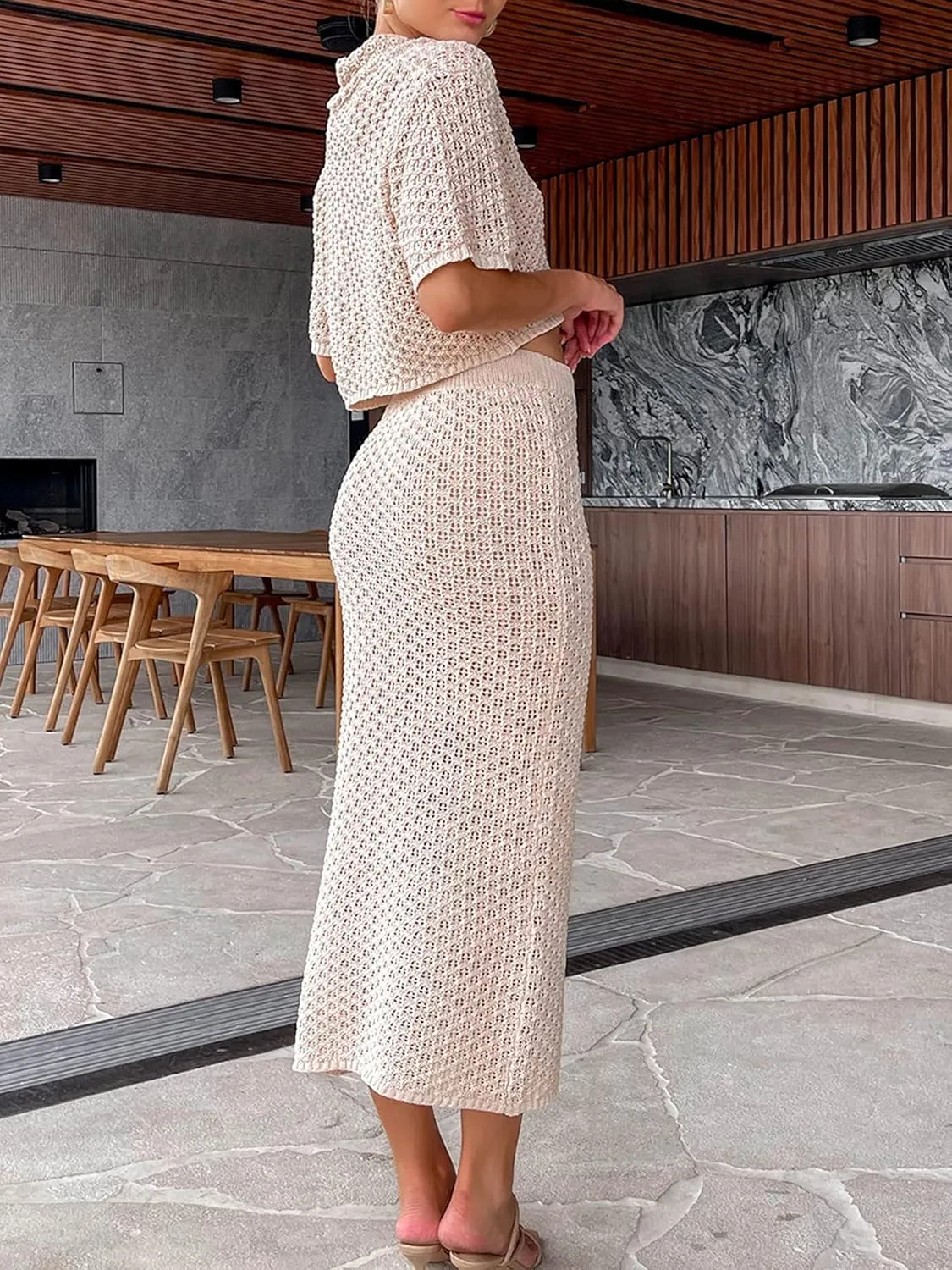 Women's Sexy Crochet Knit 2 Piece Skirt Sets Bodycon Maxi Dress Sleeveless Tank Shirt Tops High Waist Slit Long Dress
