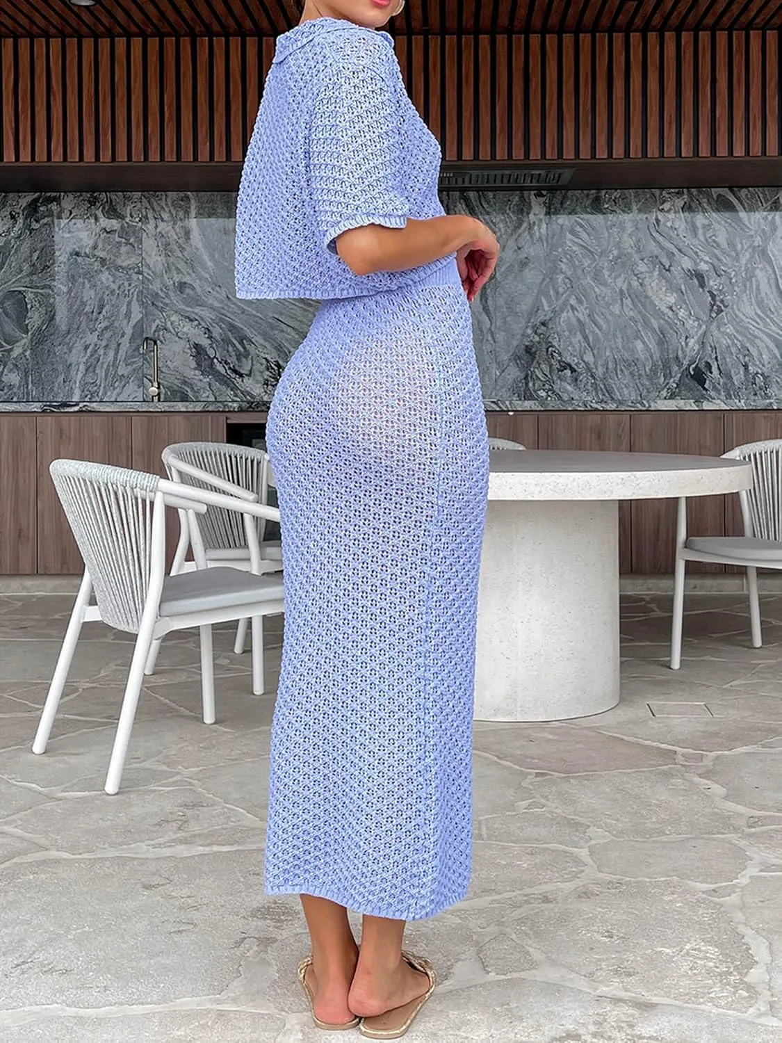 Women's Sexy Crochet Knit 2 Piece Skirt Sets Bodycon Maxi Dress Sleeveless Tank Shirt Tops High Waist Slit Long Dress