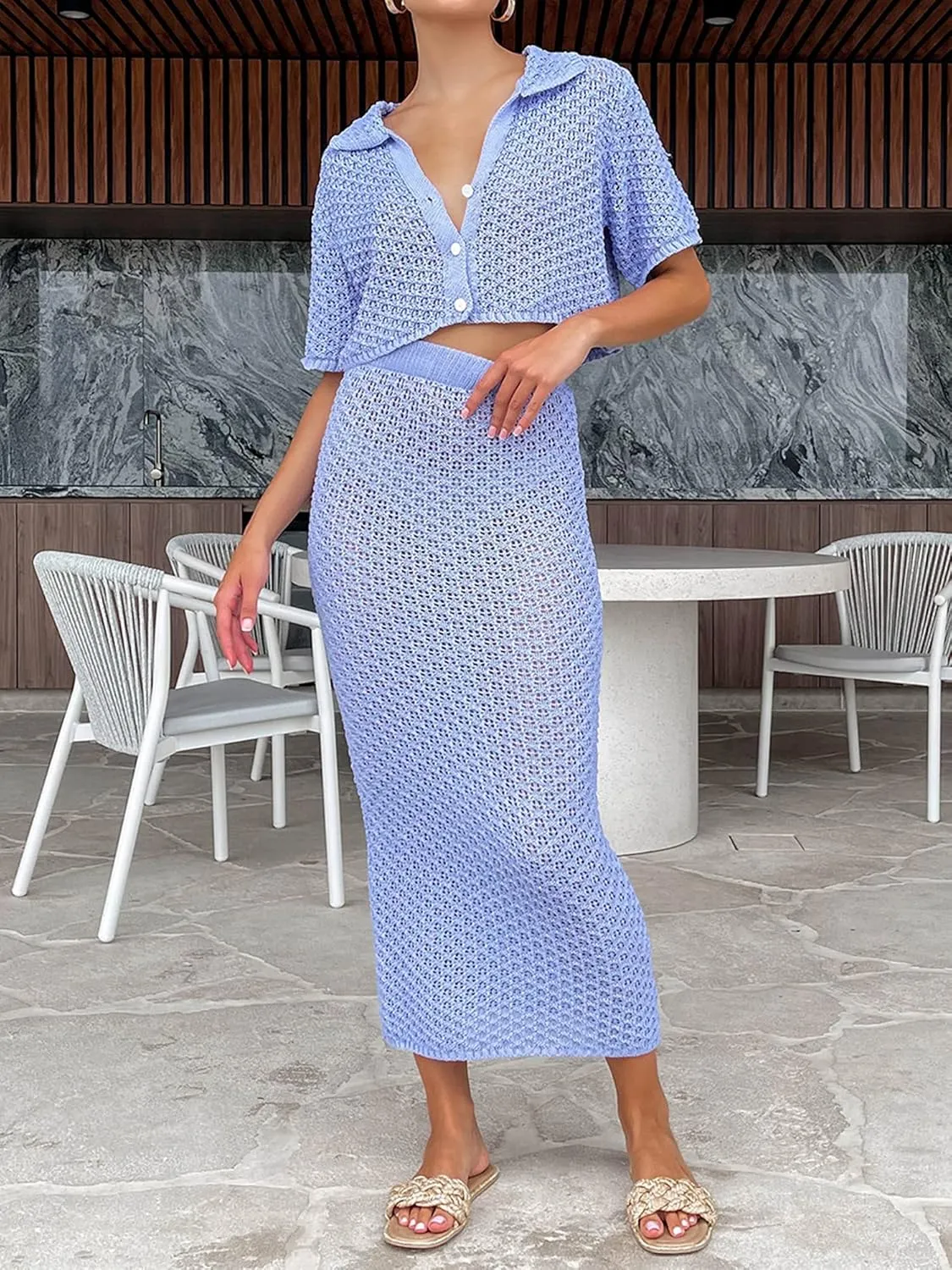 Women's Sexy Crochet Knit 2 Piece Skirt Sets Bodycon Maxi Dress Sleeveless Tank Shirt Tops High Waist Slit Long Dress