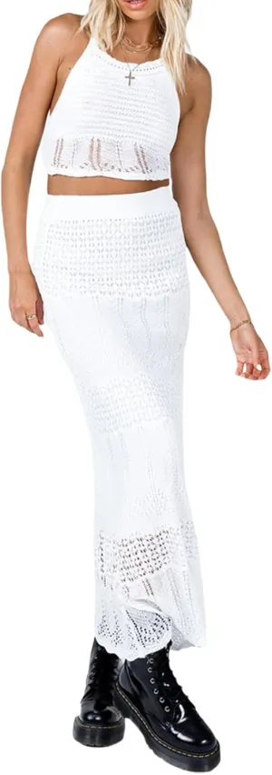 Women's Sexy Crochet Knit 2 Piece Skirt Sets Bodycon Maxi Dress Sleeveless Tank Shirt Tops High Waist Slit Long Dress