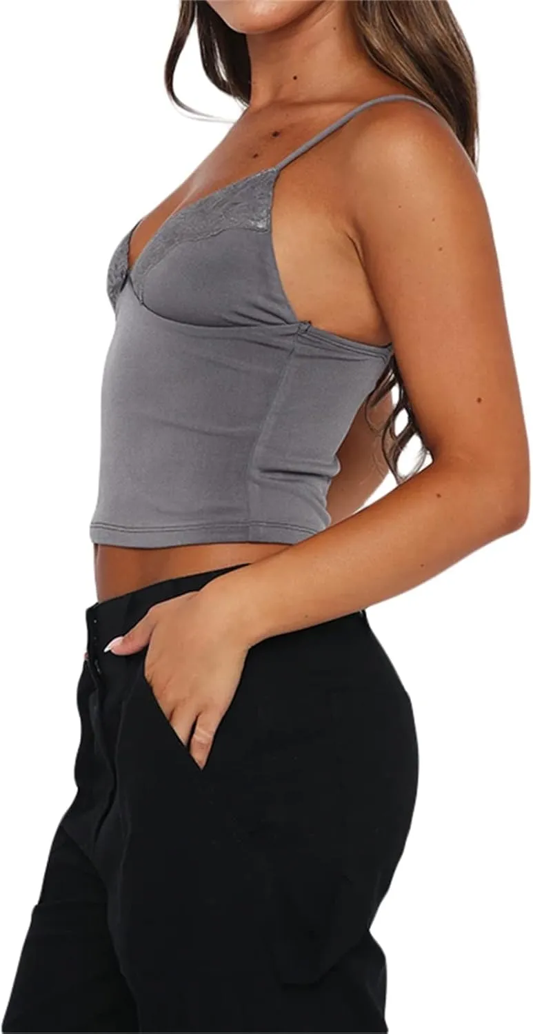 Womens Sexy Lace Camisole Tank Tops Y2k Slim Fit Corset Going Out Streetwear Ruffle Hem Spaghetti Strap Cami Tops