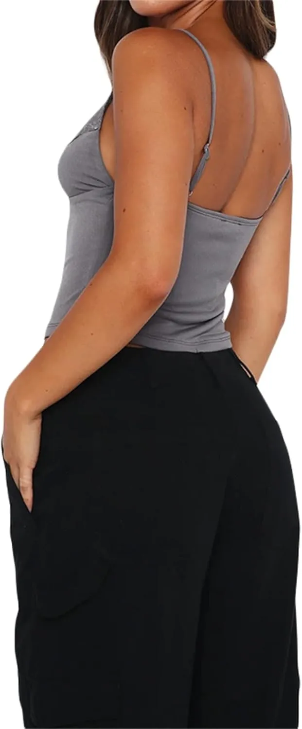 Womens Sexy Lace Camisole Tank Tops Y2k Slim Fit Corset Going Out Streetwear Ruffle Hem Spaghetti Strap Cami Tops