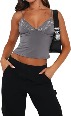 Womens Sexy Lace Camisole Tank Tops Y2k Slim Fit Corset Going Out Streetwear Ruffle Hem Spaghetti Strap Cami Tops