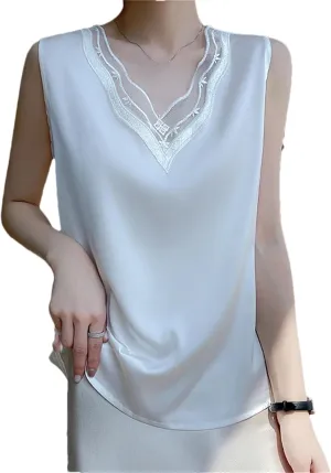 Women's Silk Sling Vest Loose Summer Bottoming Satin Camisole Lace V-Neck Sleeveless Top