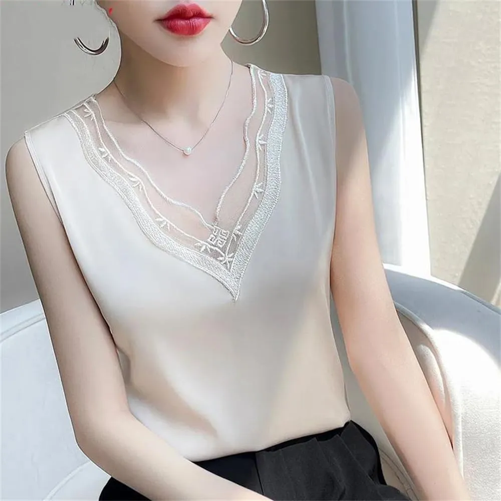 Women's Silk Sling Vest Loose Summer Bottoming Satin Camisole Lace V-Neck Sleeveless Top