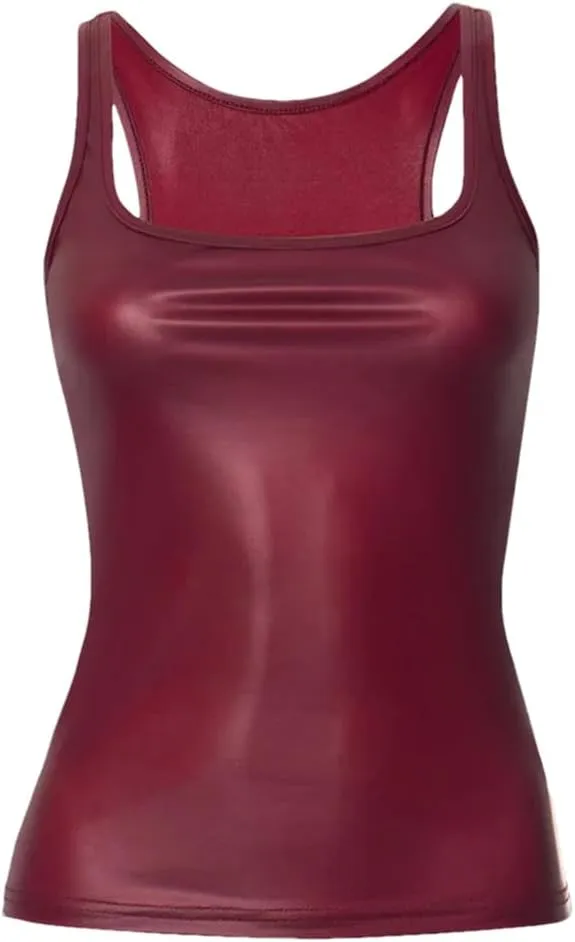 Women's Solid Color Casual Square Collar Pu Imitation Leather Y2k Slim Sleeveless Camisole