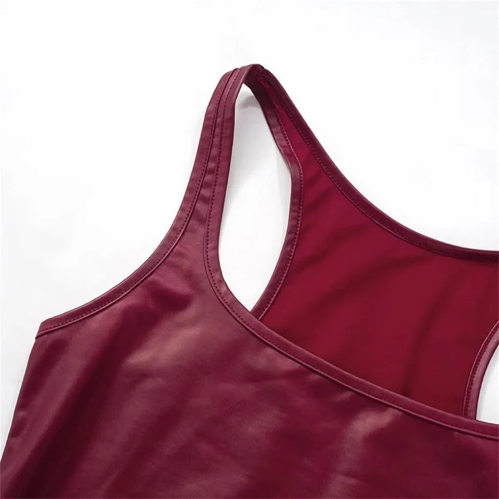 Women's Solid Color Casual Square Collar Pu Imitation Leather Y2k Slim Sleeveless Camisole
