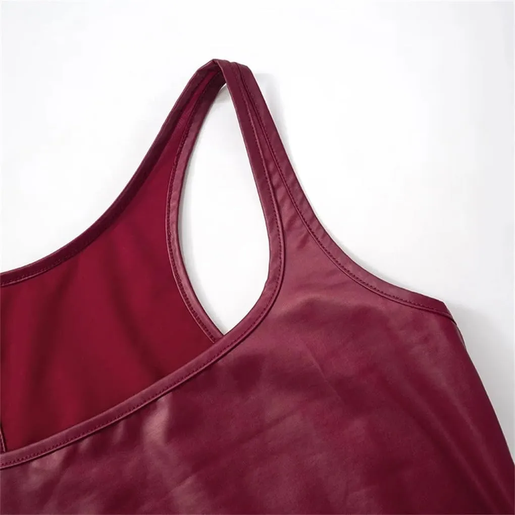 Women's Solid Color Casual Square Collar Pu Imitation Leather Y2k Slim Sleeveless Camisole