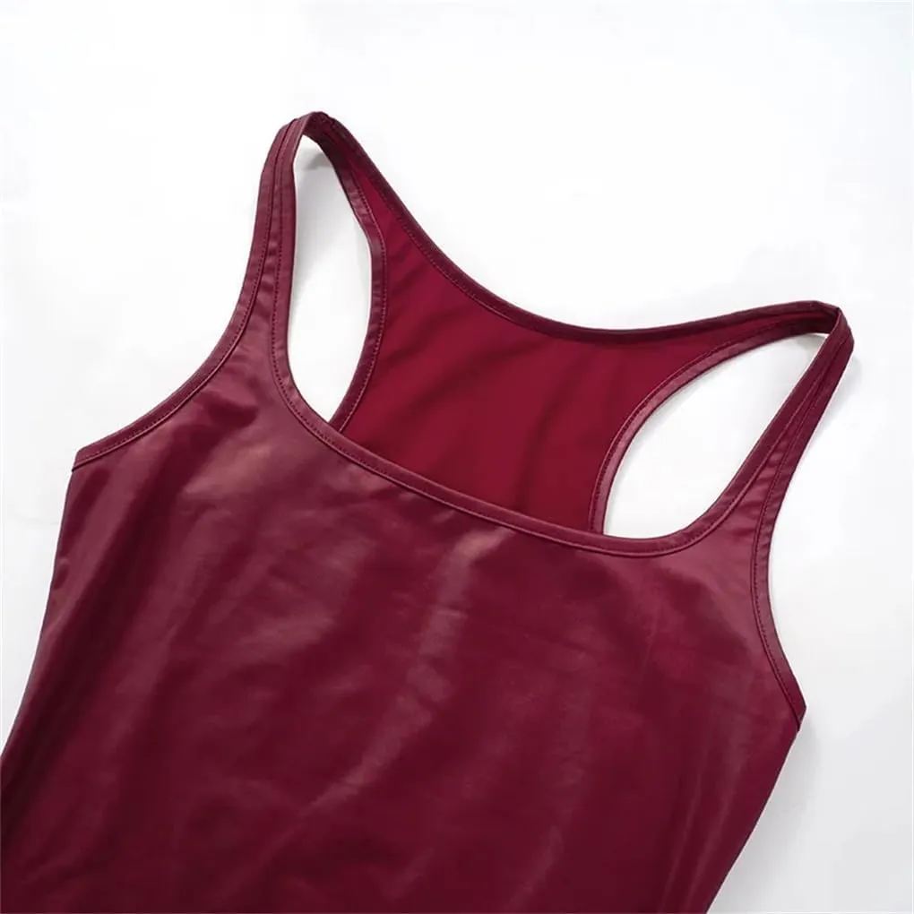 Women's Solid Color Casual Square Collar Pu Imitation Leather Y2k Slim Sleeveless Camisole