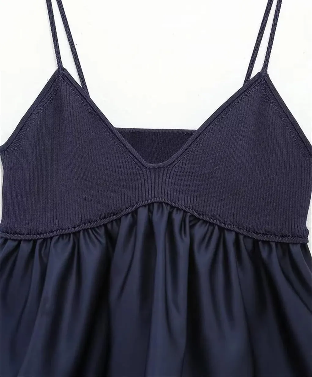 Women's Solid Color Casual V-Neck Knitted Ruffle Stitching High Waist Camisole Top