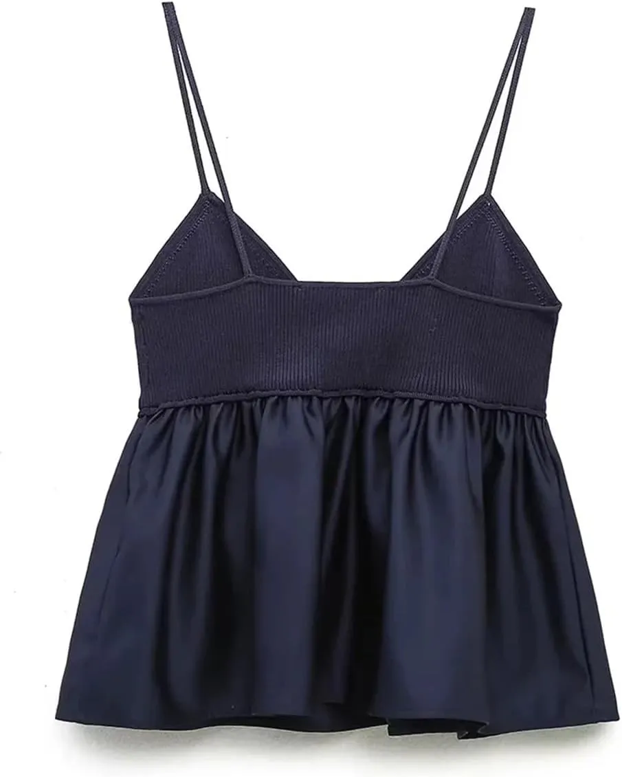 Women's Solid Color Casual V-Neck Knitted Ruffle Stitching High Waist Camisole Top