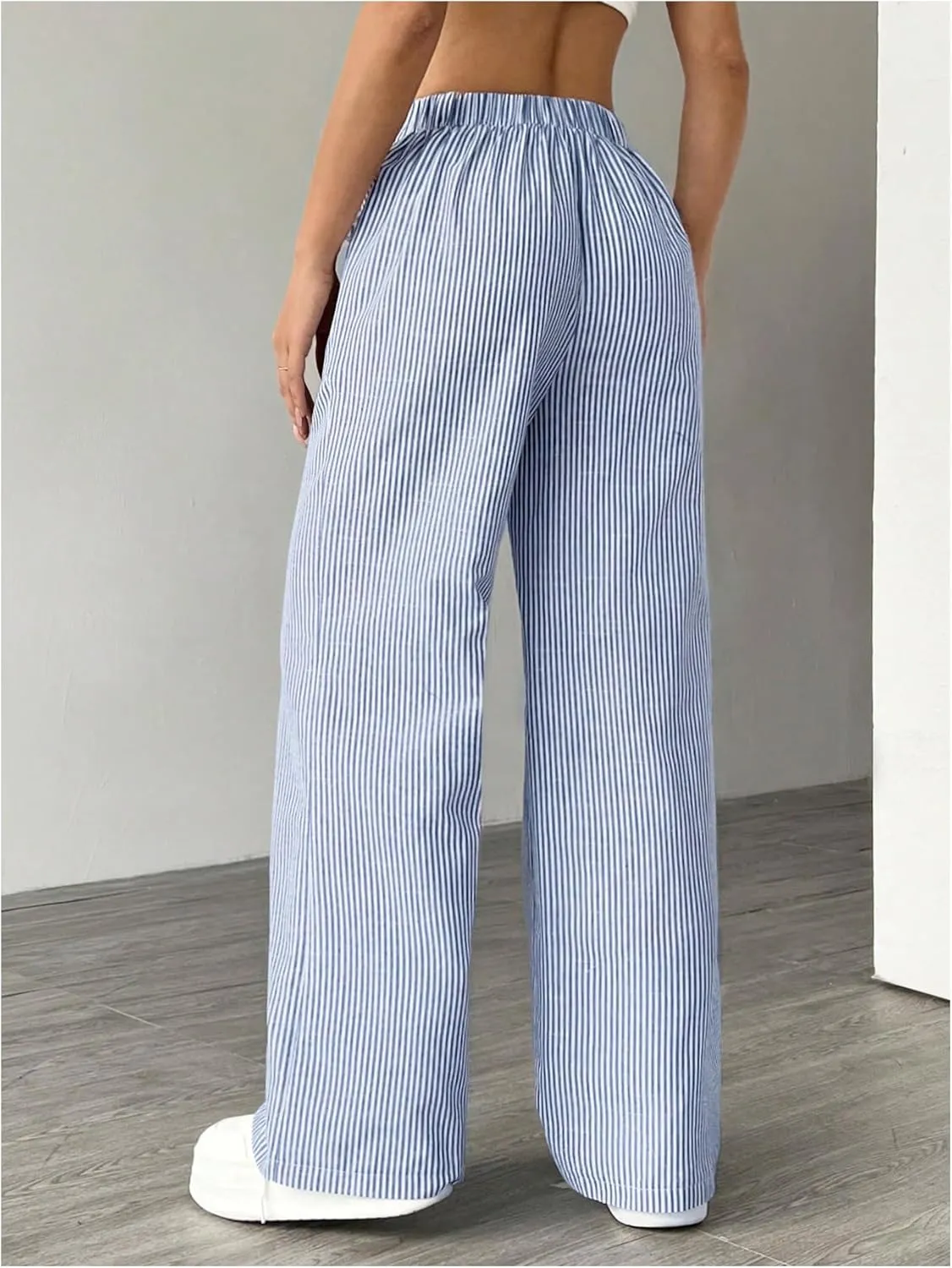 Women's Striped Wide Leg Pants Knot Front High Waisted Baggy Casual Lounge Boxer Pants