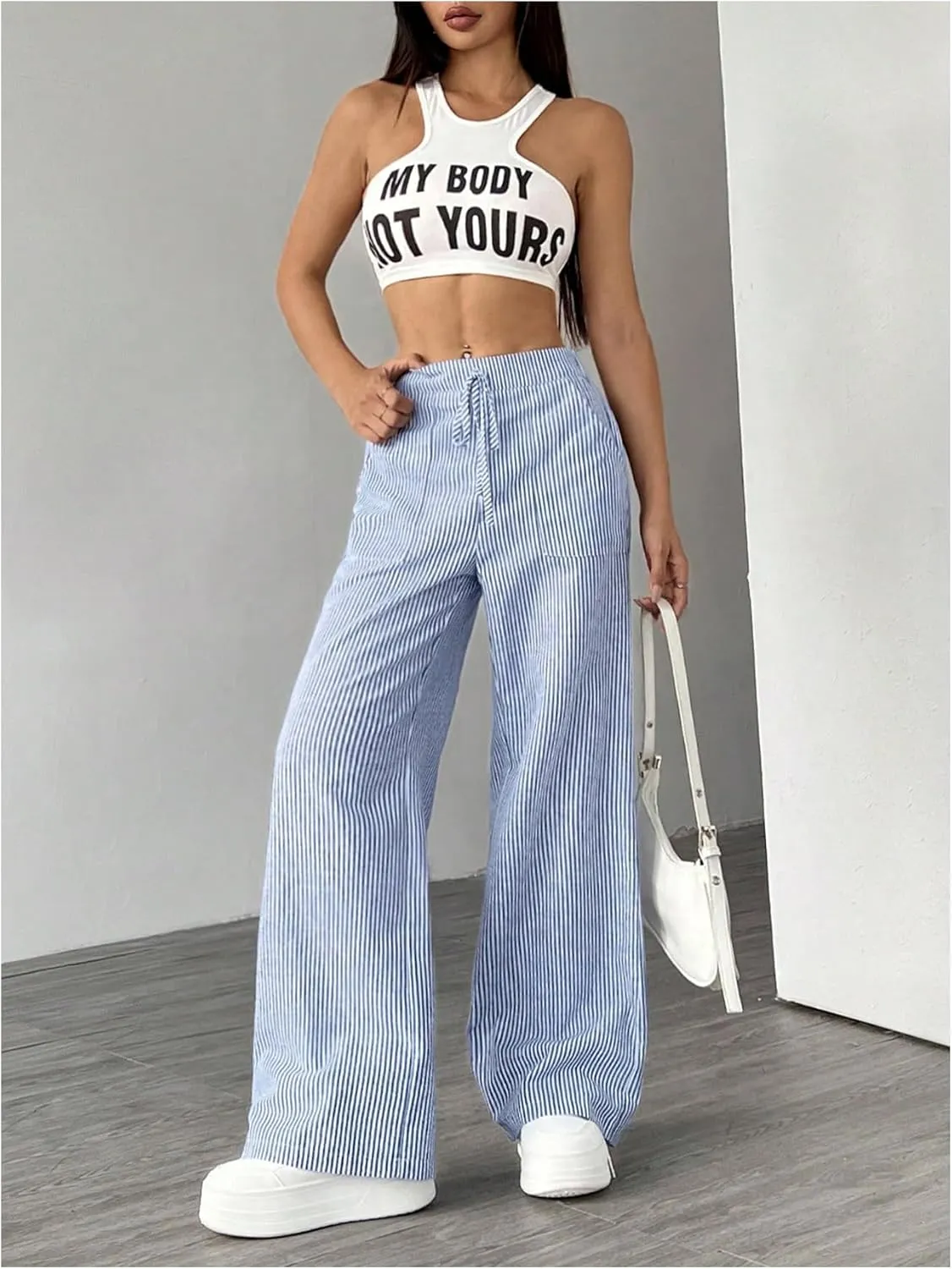 Women's Striped Wide Leg Pants Knot Front High Waisted Baggy Casual Lounge Boxer Pants
