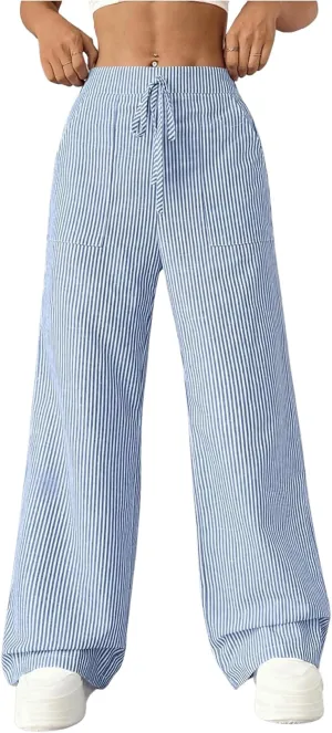 Women's Striped Wide Leg Pants Knot Front High Waisted Baggy Casual Lounge Boxer Pants