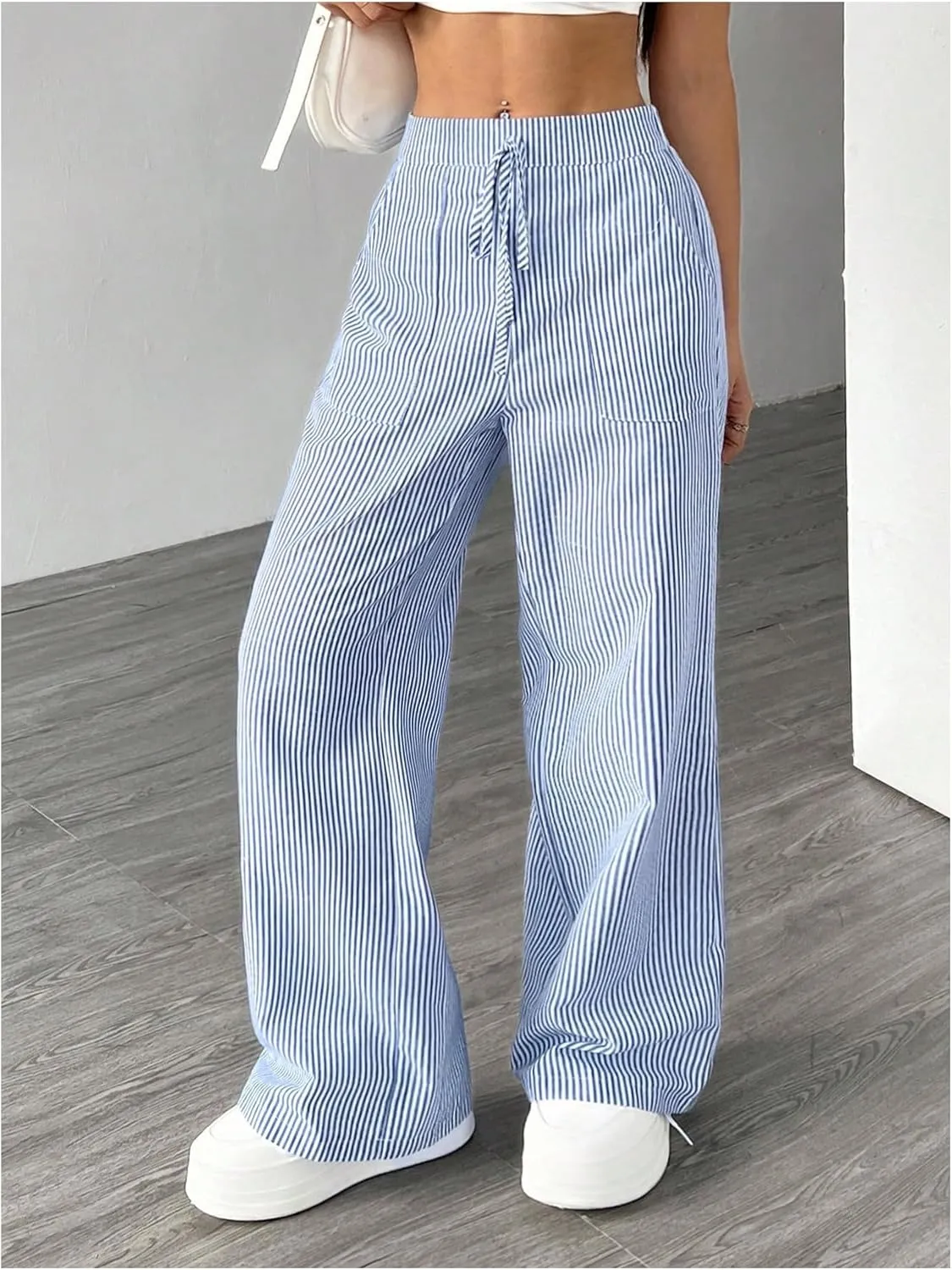 Women's Striped Wide Leg Pants Knot Front High Waisted Baggy Casual Lounge Boxer Pants