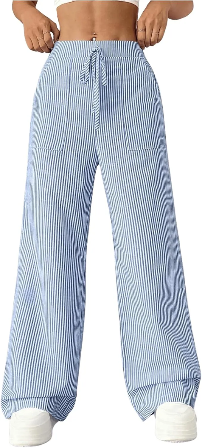 Women's Striped Wide Leg Pants Knot Front High Waisted Baggy Casual Lounge Boxer Pants