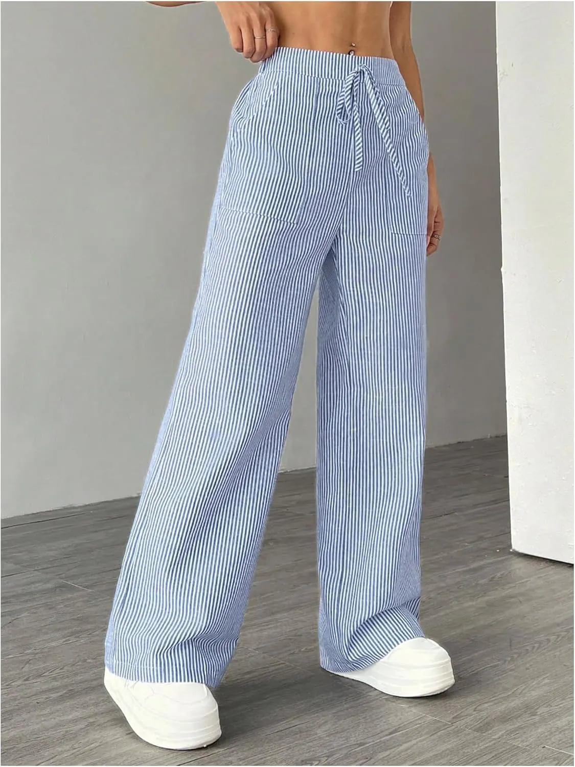 Women's Striped Wide Leg Pants Knot Front High Waisted Baggy Casual Lounge Boxer Pants