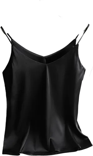Women's Summer Camisole Spaghetti Strap Top V Neck Cami Satin Silk Tank Tops